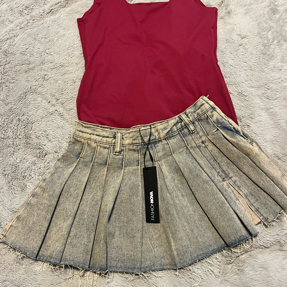 Fashion Nova Beige Pleated Denim Skirt